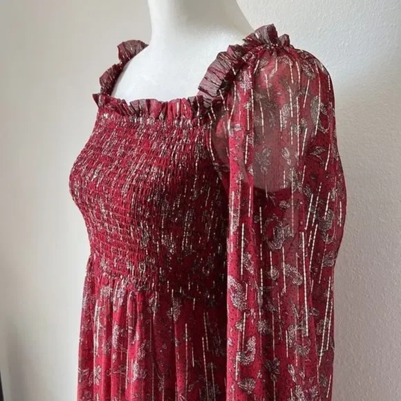 A Loves A Floral Printed Long Sleeve Square Neck Smocked Midi Dress in wine red - Picture 6 of 7